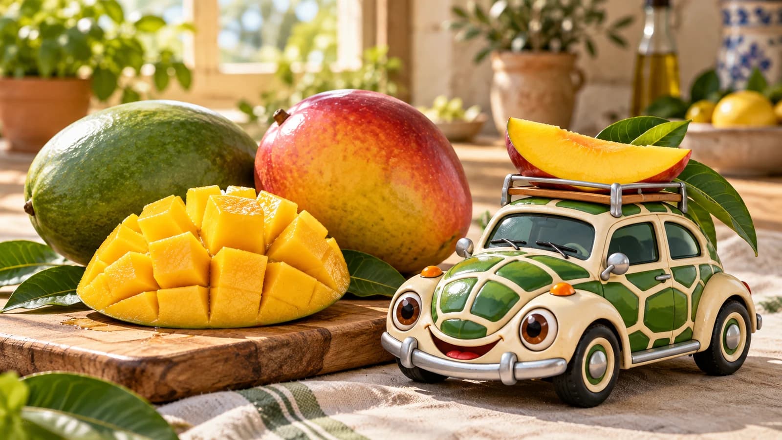 Yeşil kabuklu ve kırmızı-sarı mango, kirpi kesimle küplenmiş mango ve bagajında mango dilimi taşıyan Vosvos maket araba