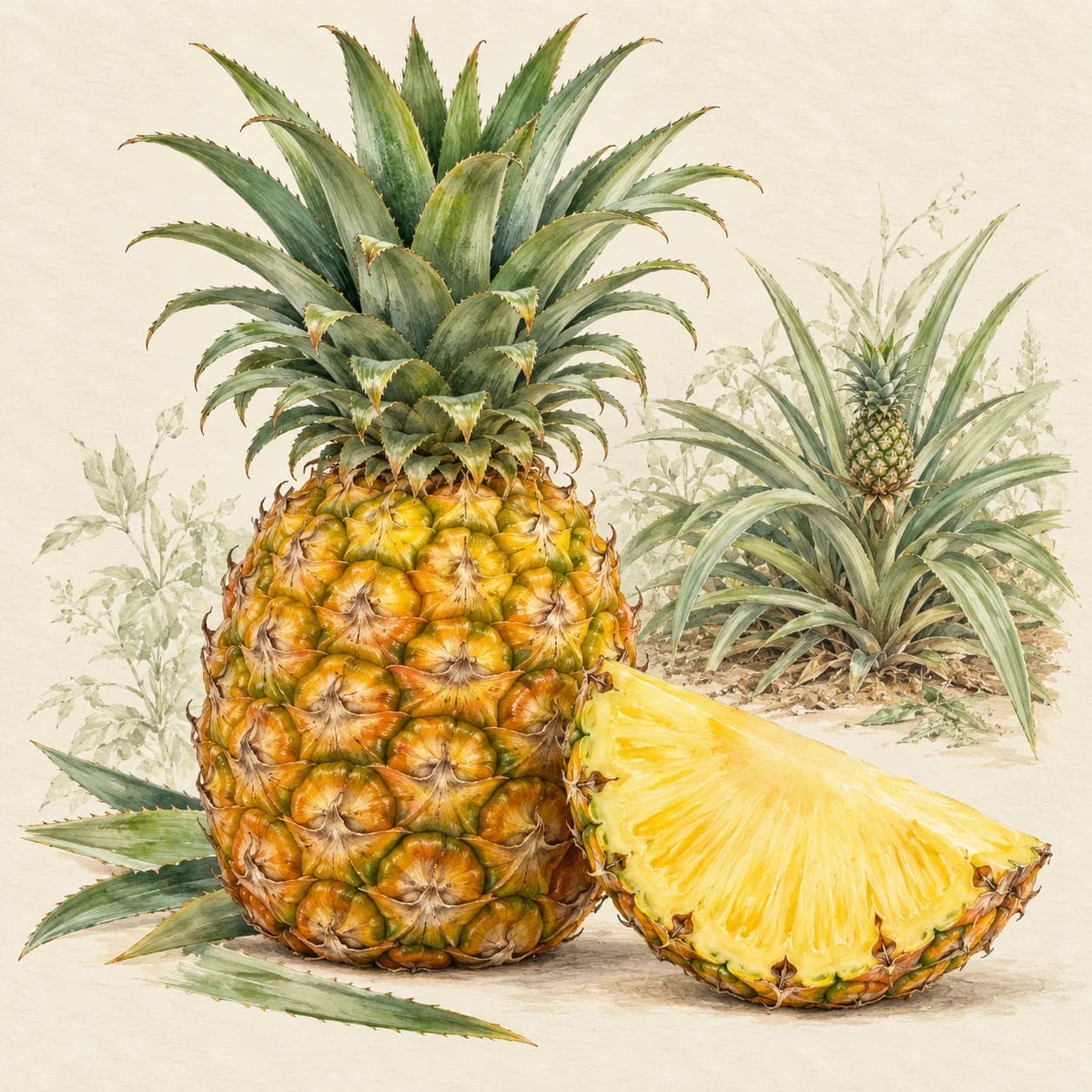 Ananas: meyve ve kesitini gösteren temsili botanik illüstrasyon