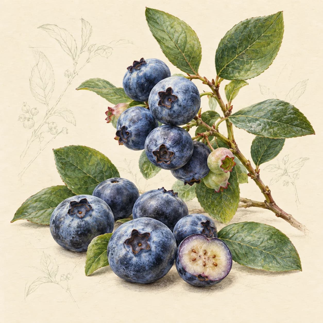 Blueberry: meyve ve kesitini gösteren temsili botanik illüstrasyon